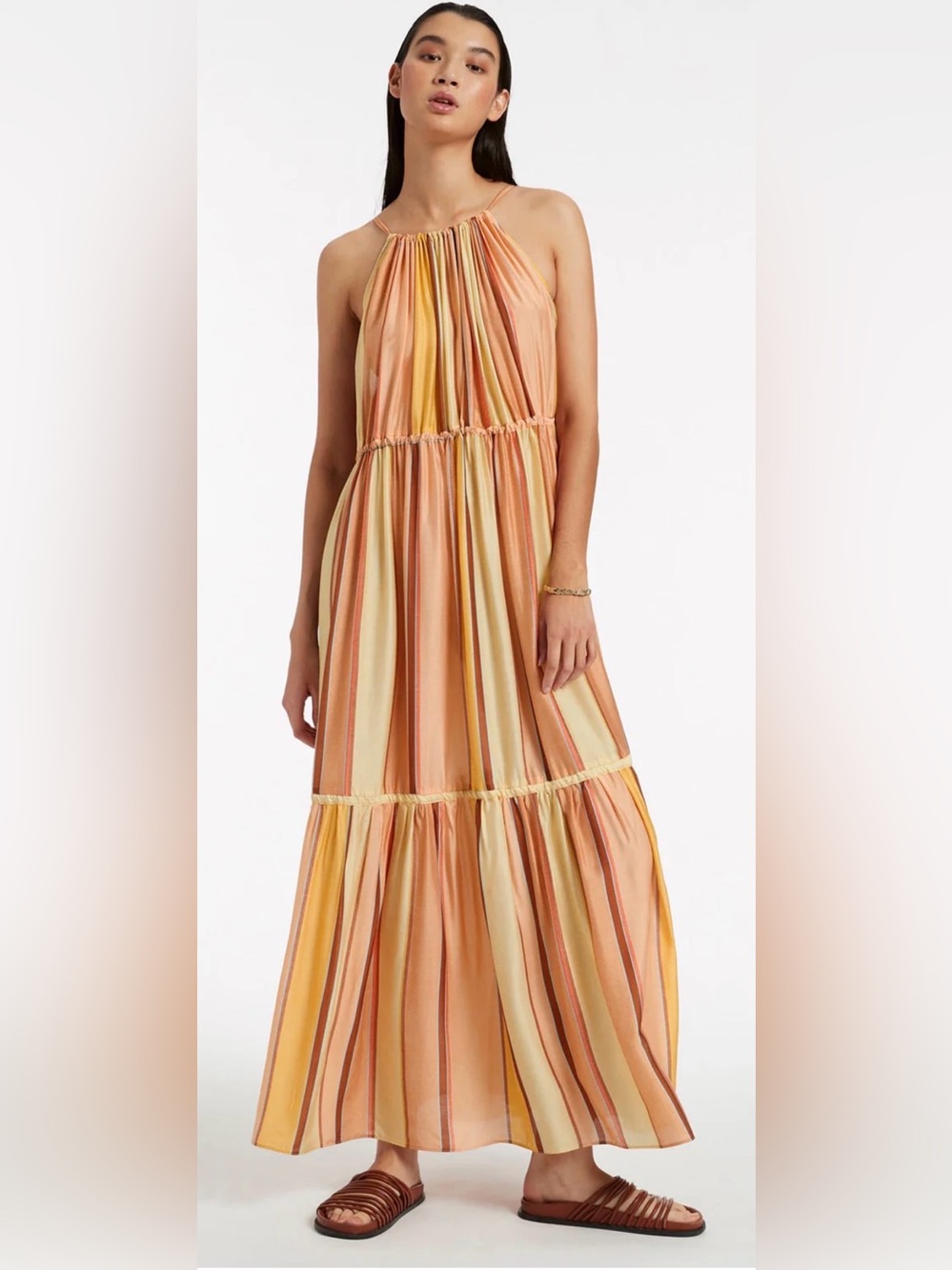 JETS AUSTRALIA FIRA STRIPE MARIGOLD MAXI DRESS US 6 SMALL TIERED HALTER
